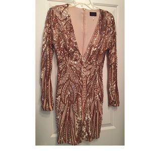 Tan and Gold Sequin Long Sleeve Mini Dress